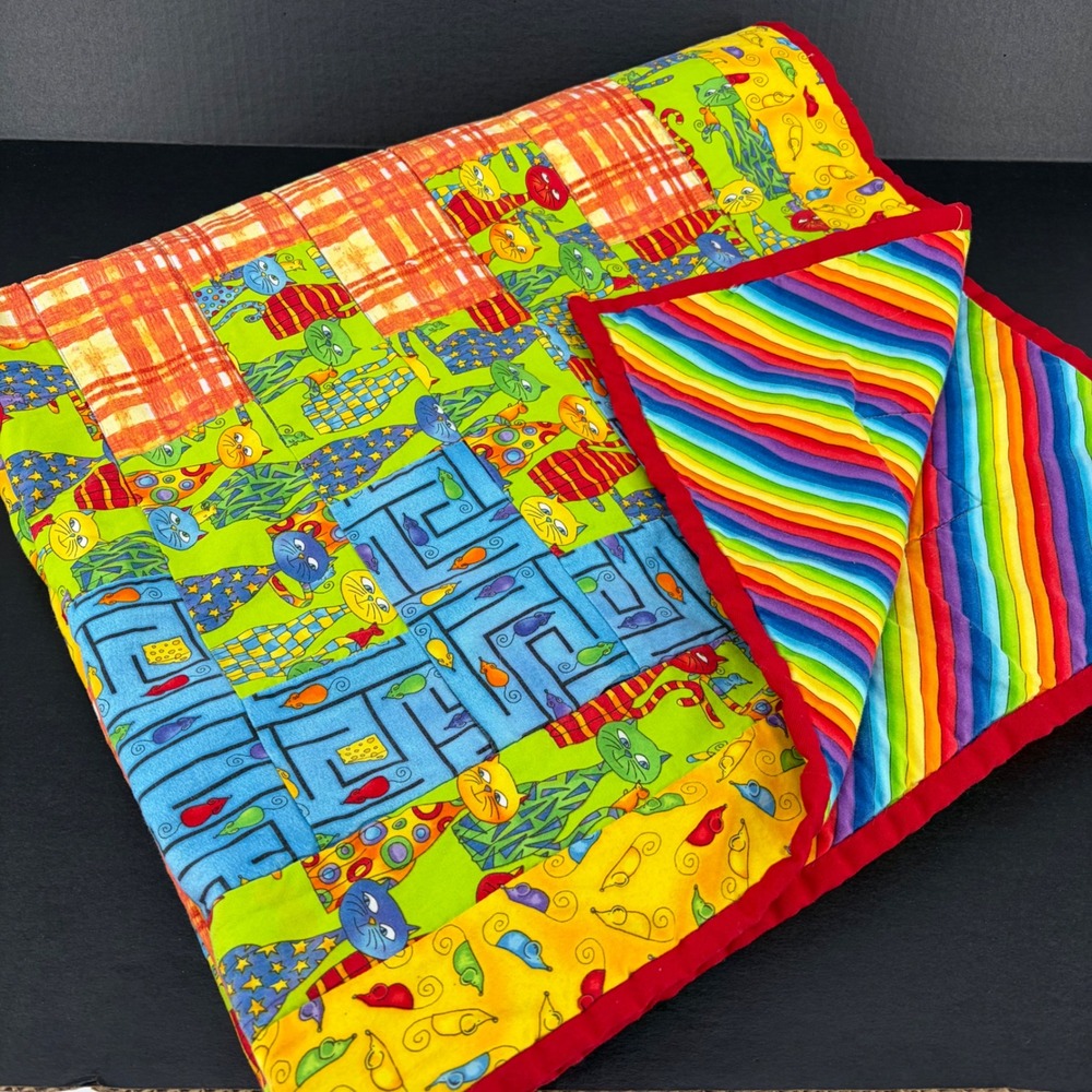 Handmade Quilt Cat Mouse Maze Rainbow Stripe Patchwork Kidcore 39x52 Whimsical
